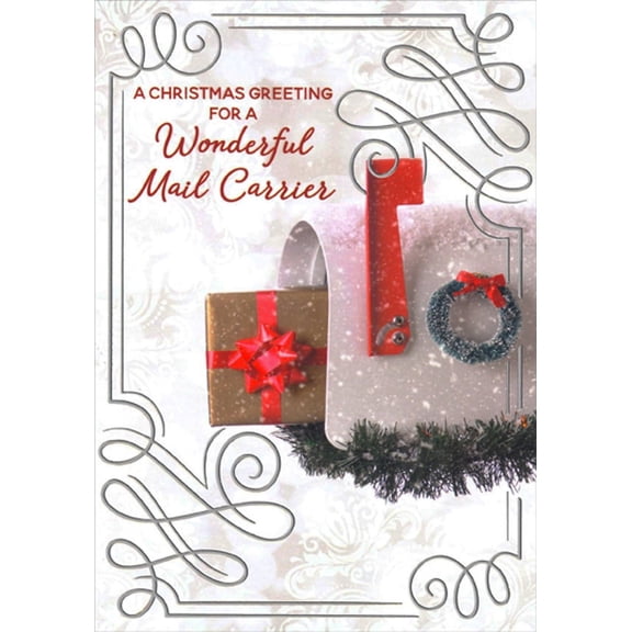 Designer Greetings Gold Wrapped Present with Red Bow in White Mailbox Mail Carrier Christmas : Holiday Card