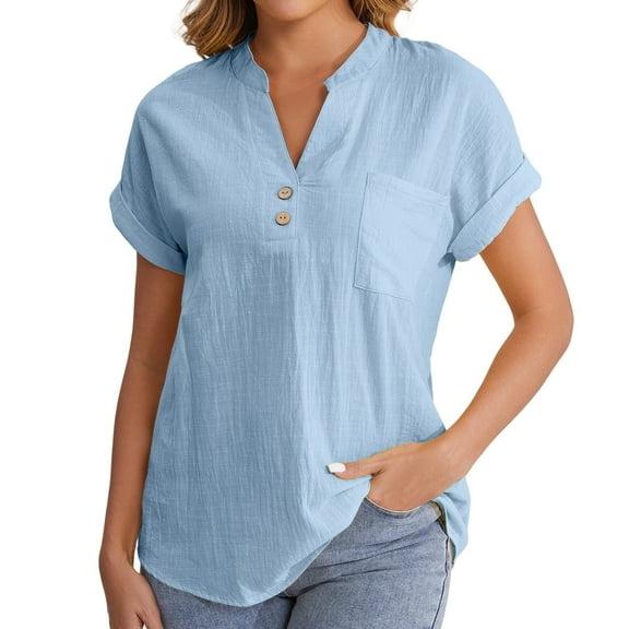 Women's V Neck Casual Tee Soft Everyday Essential Short Sleeve Comfort Fit Light Blue M