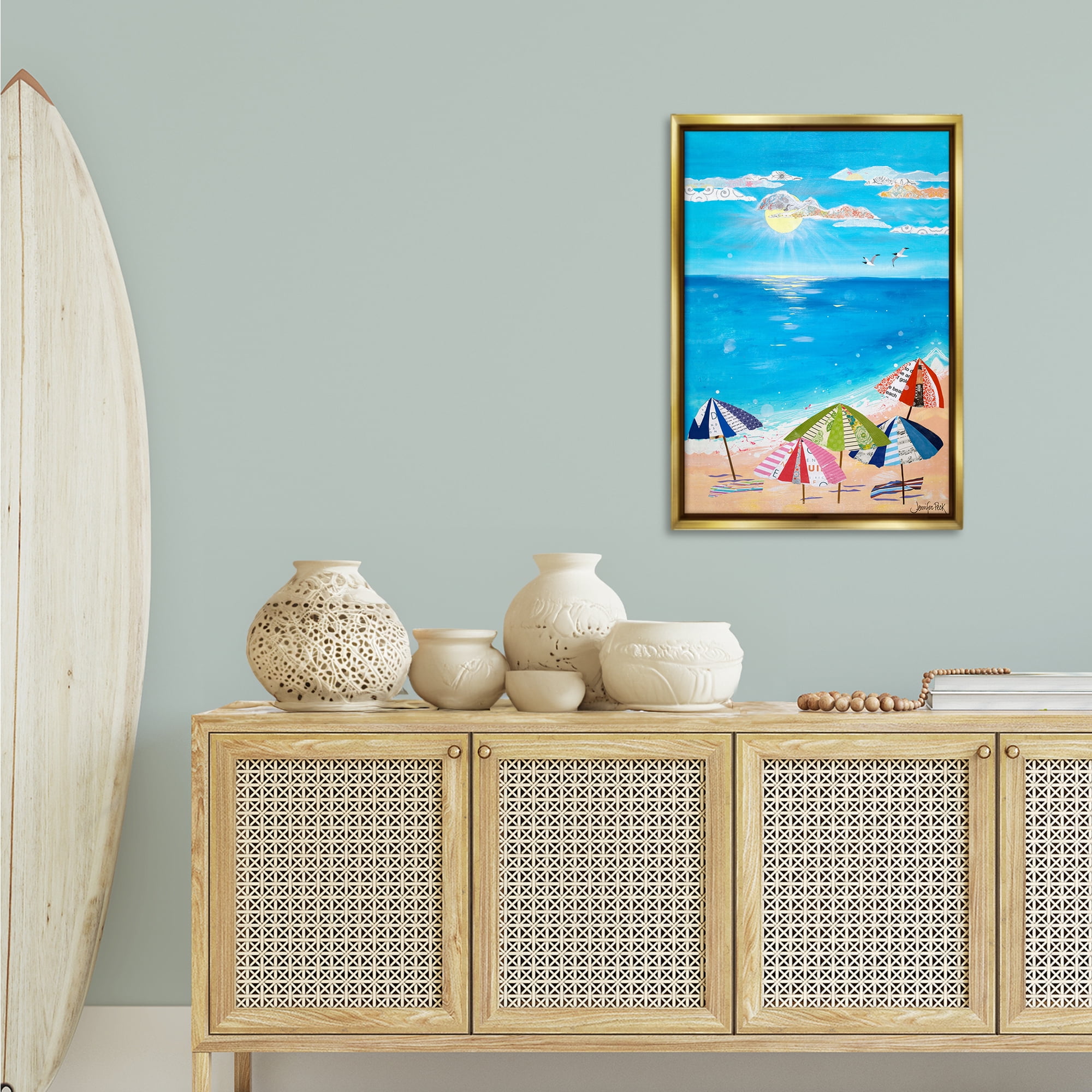 Stupell Industries Good Day Sunshine Coastal Painting Gold Floater Framed Canvas Art Print Wall Art, 21 x 31