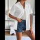 thumbnail image 5 of Camisa de Algodón con Botones y Dobladillo Enrollado para Mujer, de Corta, Informal, de Verano, con Cuello en V, para Playa. L, 5 of 8