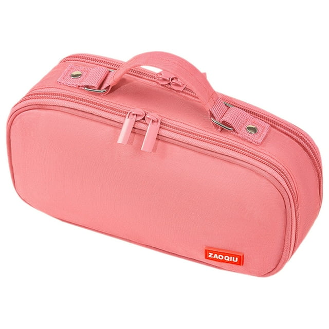 ZTTD Large Pencil Case Pouch, Canvas Pencil Bag with Handle, Cute Pen Case, 3 Compartments, Wide Opening Pen Pouch Organizer with Zipper, Multifunctional Pen Box, Pink