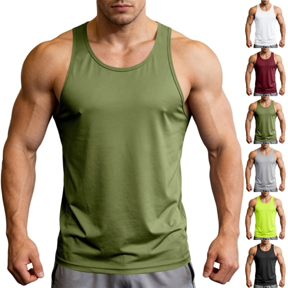 Men's U-Neck Tank Top for Fitness and Bodybuilding, Solid Color Blank Sleeveless Vest for Summer Training, Workout Base Layer Gym T-Shirt Army Green L