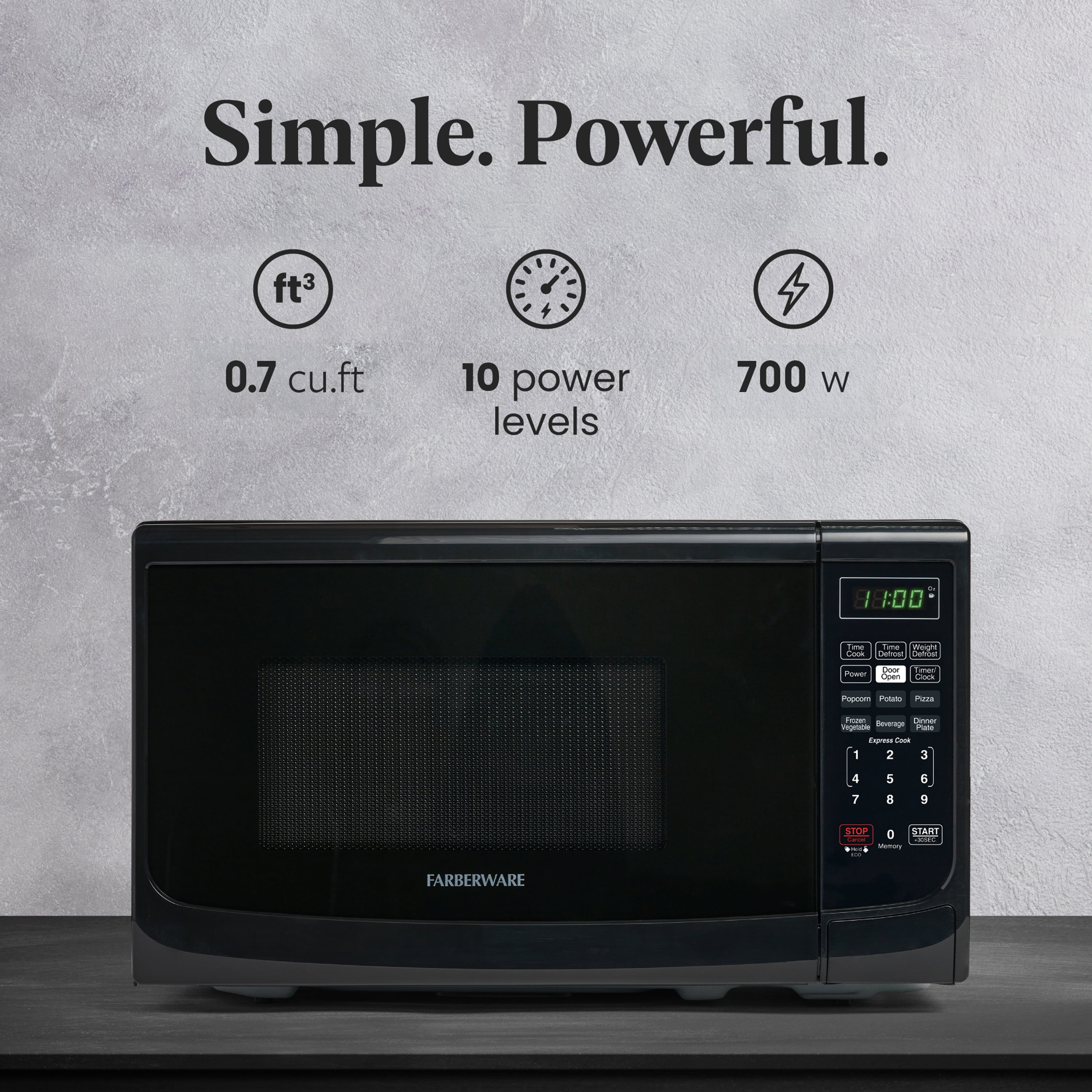 Farberware Countertop Microwave Oven with LED Lighting & Child Lock, 0.7 Cu Ft Black