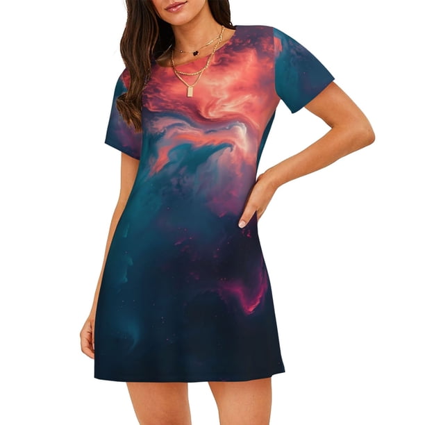 Balery Cosmic Paint Swirl Camisón de manga corta con cuello redondo para mujer, cómodo y elegante.