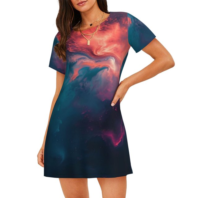 Fotbe Cosmic Paint Swirl Bata de Dormir para Mujer con Estampado, Camisón de Algodón de Manga Corta, Ropa de Dormir Casual