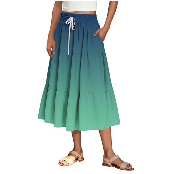 ZToonmas Women's Summer Floral Print Tiered Midi Skirt Elastic Drawstring Waist Flowy A-Line Swing Skirt with Side Pockets