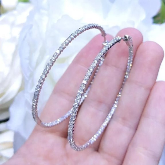 3Ct Round Moissanite Long Inside-Out Hoop Woman's Earrings 14k White Gold Plated