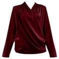 thumbnail image 4 of WULMLEO Women's Satin Silky Draped Wrap V Neck Ruched Long Sleeve Blouse Shirt Top Solid Casual Work Dressy Shirts Top Wine S, 4 of 6