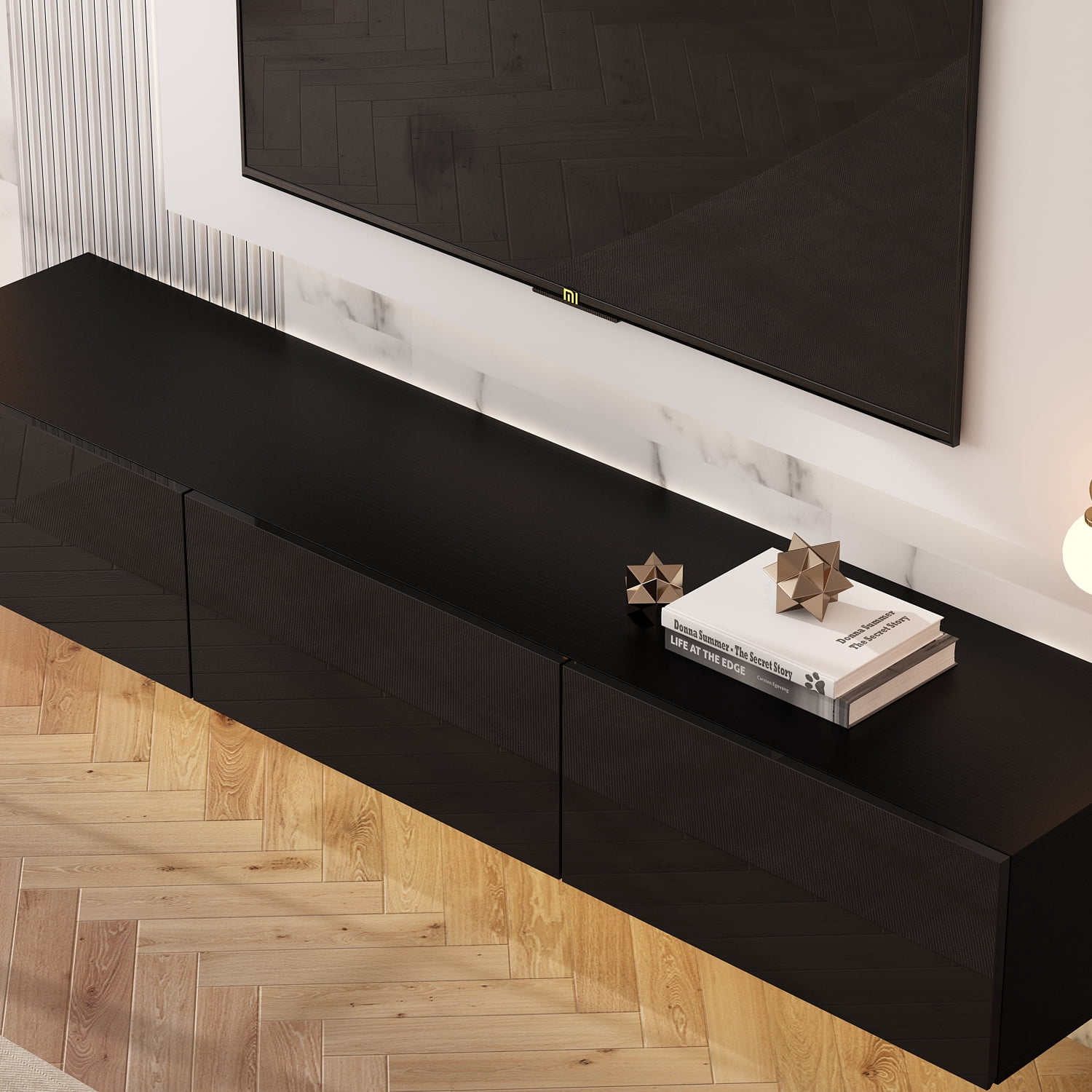 OXYLIFE Floating LED TV Stand Wall Mounted Entertainment Center with Drawers and LED Light, Black