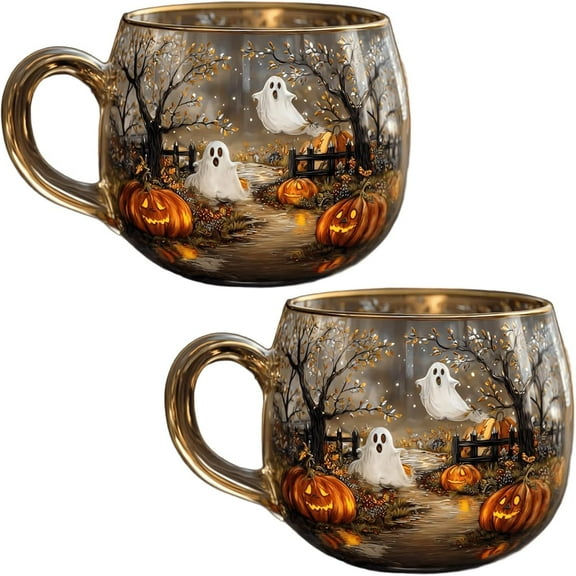 Haunted Path Halloween Mug, Horror-Themed Glass Coffee Mug Features Ghost and Pumpkin Designs, Making It A Perfect Choice for Halloween Drinks Like Cocoa,Tea,Or Coffee (2pcs)