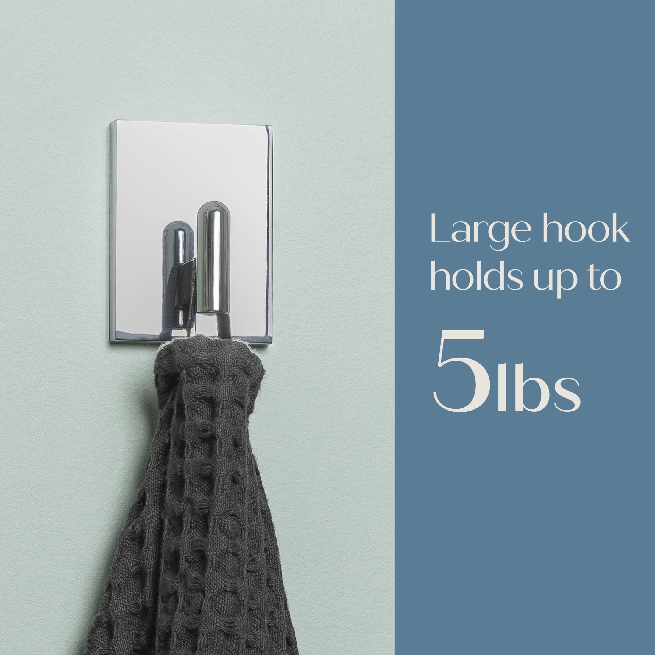 Command Decor Large Metal Bath Towel Hook, Chrome, Holds 5 lbs, 1 Hook, 6 Medium Adhesive Strips