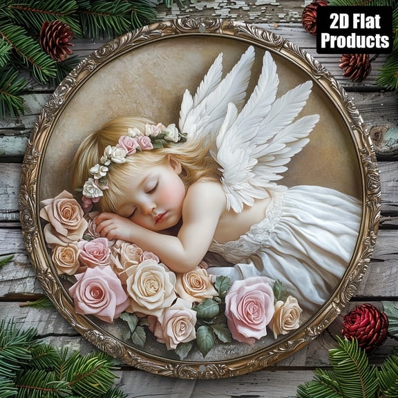 HELLOYOUNG Vintage Metal Wall Art 8x8 Inch, Rustic Round Angel Roses Aluminum Decor for Home Living Room Kitchen Office, Christmas Gift Wall Decor