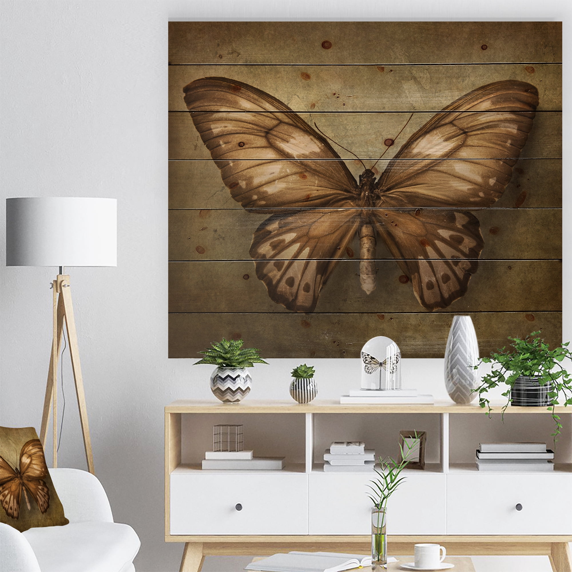 Designart 'Vintage Butterfly' Vintage Painting Print on Natural Pine Wood