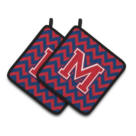 

Letter M Chevron Yale Blue and Crimson Pair of Pot Holders