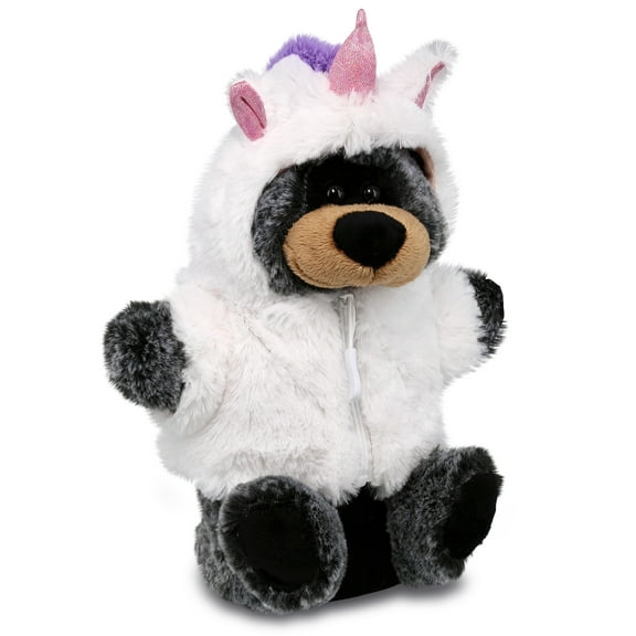 DolliBu Black Bear Unicorn Plush Stuffed Animal Hand Puppet Toy - Super Soft Bearcorn Dress Up with Removable Plush Unicorn Outfit, Cute Fantasy Wildlife Gift - 9 Inches
