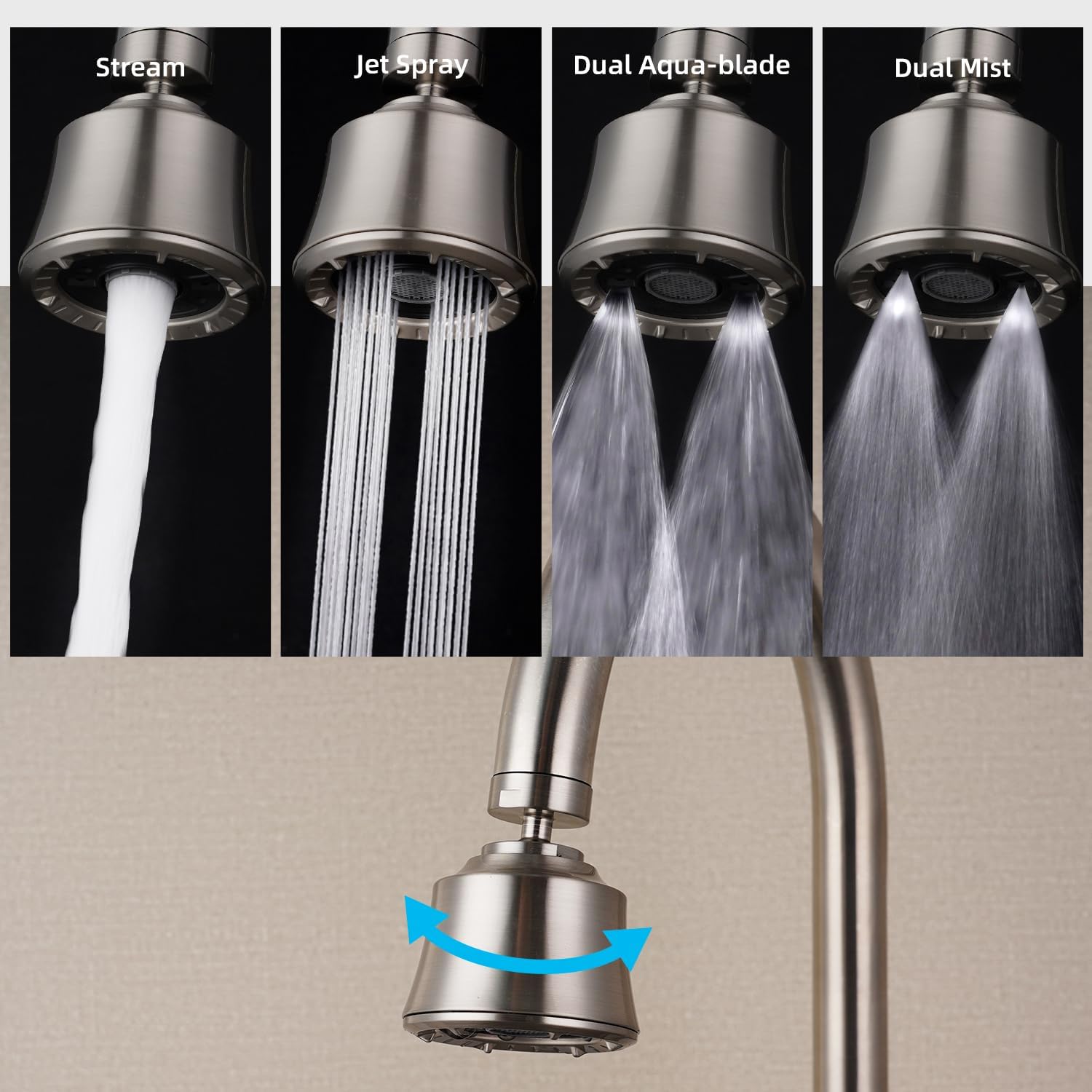 Kitchen Sink Faucet Head, Swivel 360 Degree Faucet Sprayer Head with 4 Spray Modes, Big Angle Faucet Aerator Adapter Fits Female 55/64“ Male 15/16" for Bathroom/Kitchen/Rvs, Brushed Nickel