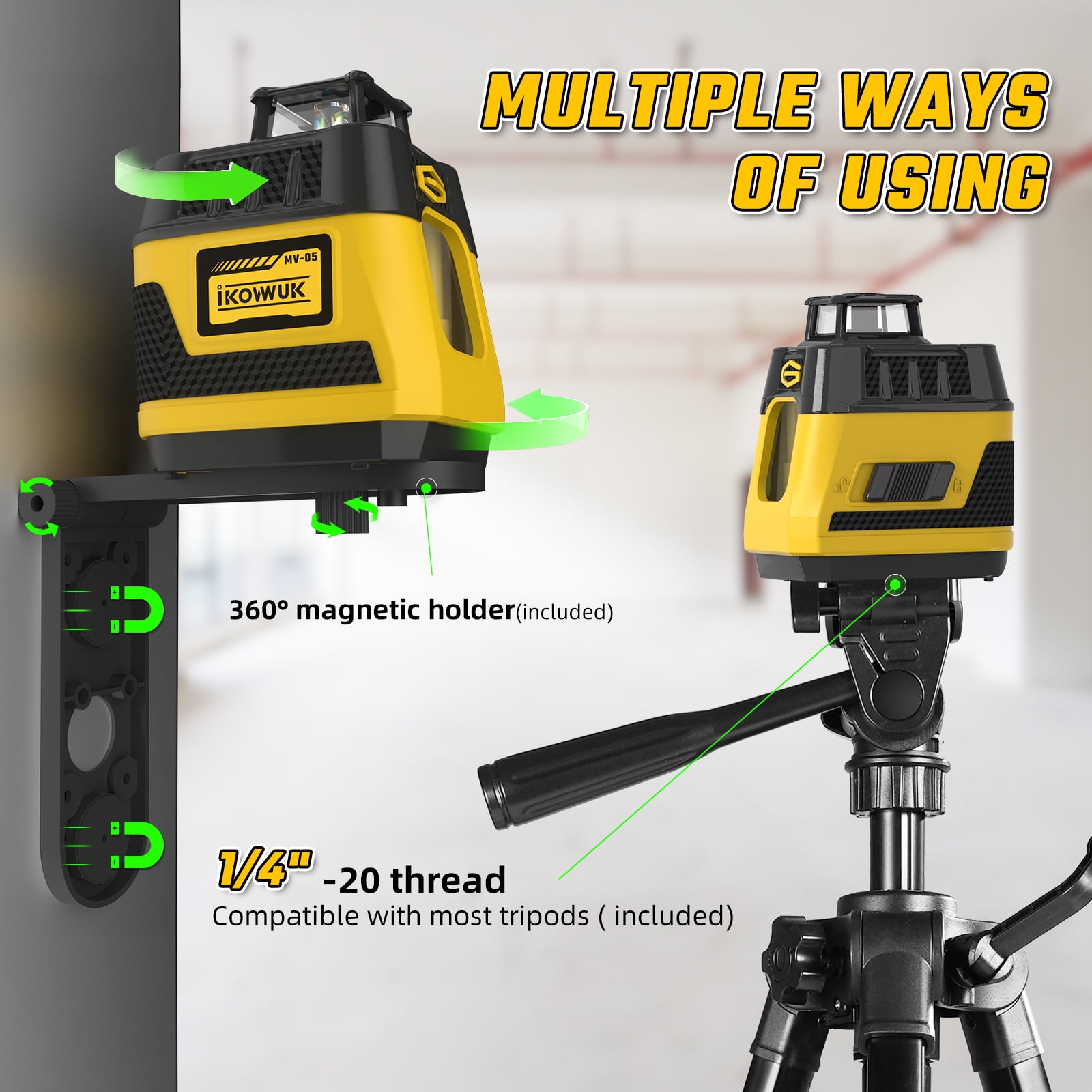 IKOVWUK Laser Level with Tripod, 3x360° Cross Line Laser for Construction and Picture Hanging, Level Tool with 5200 mAh Rechargeable Battery, Compact Adjustable 59.8-inch Tripod Included