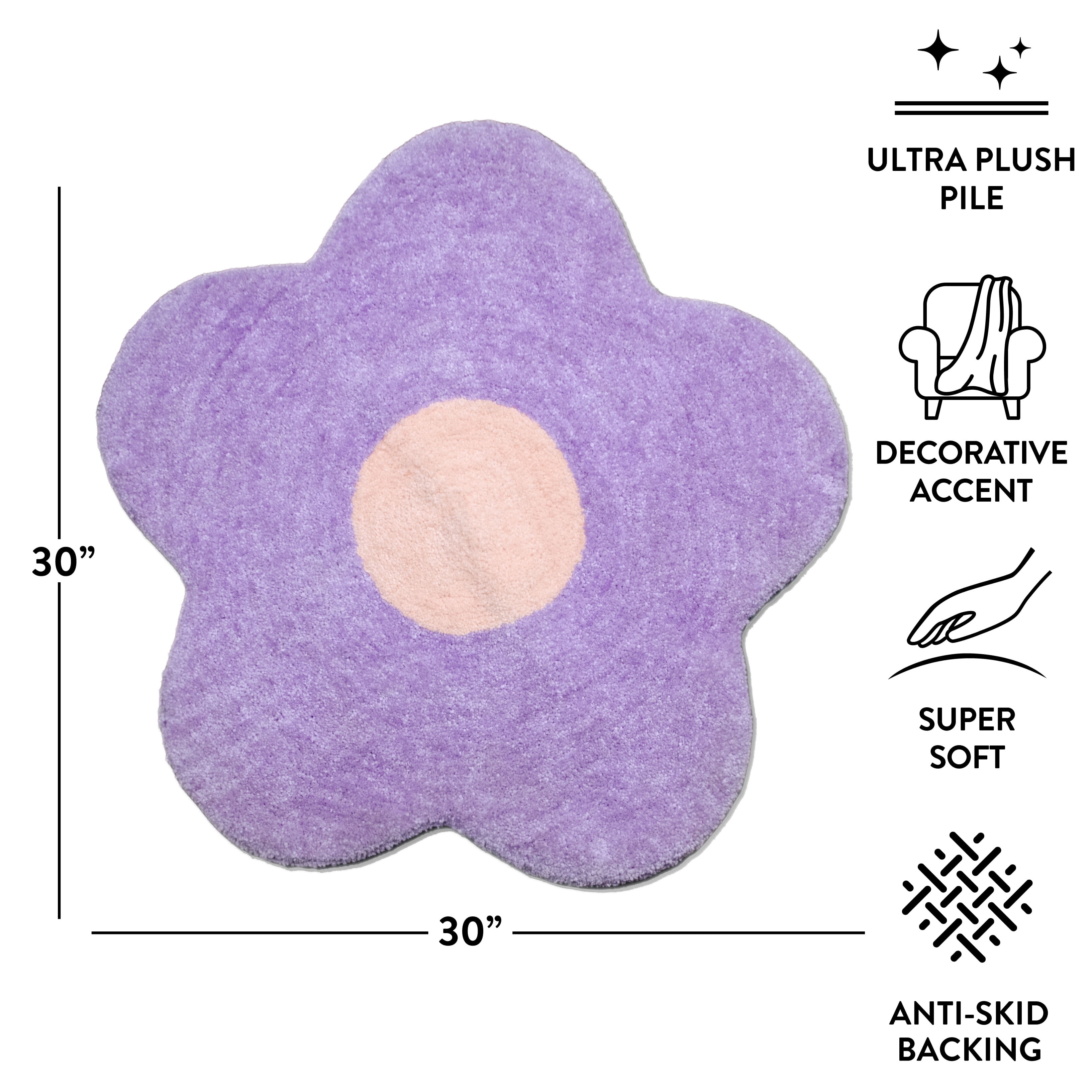 Urban Shop Daisy Flower Shape Accent Rug with Anti-Skid, Purple, 30" x 30"