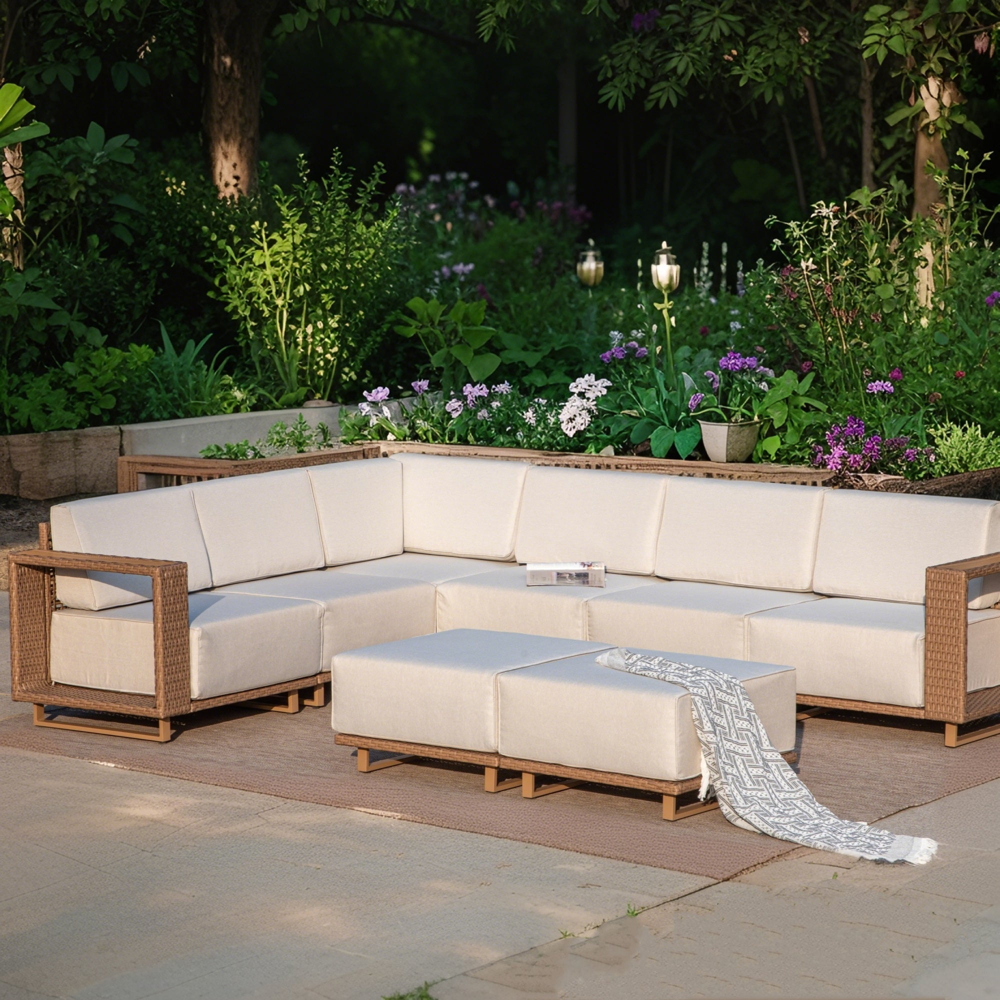 MF Studio 8-Piece Wicker Patio Furniture Set, L Shaped Outdoor Sectional Set with 2 Ottomans, Beige