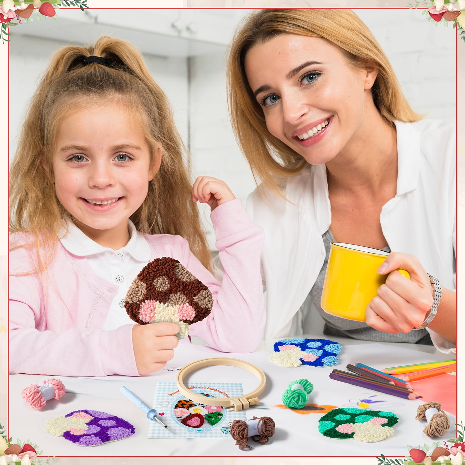 Belanttega Mushroom Theme DIY Punch Needle Coaster Kit - Create 6 Colorful Mushroom Coasters, Complete 22-Piece Craft Set with Hoop, Fabric, Yarn & Tools for Beginners Home Decor Gift