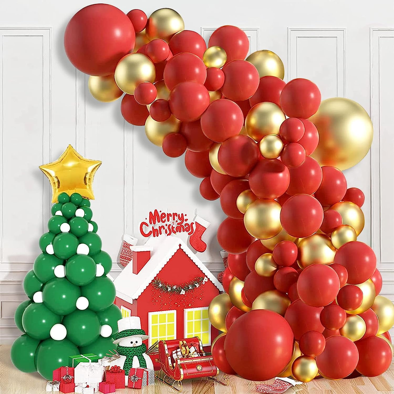 Kit d’arche de guirlande de ballon de Noël 171pcspieces avec Noël Red White  Candy Balloons Gift Box Balloons Red Star Balloons Fors Party Decorations