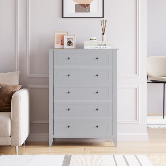 Dresser for Bedroom, Tall 5 Drawer Dresser with Deep Drawers & Metal Knobs, Modern Wooden Chests of Drawers for Entryway, Hallway