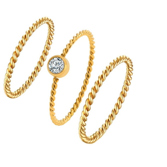 PAMTIER Women's Stainless Steel 3pcs Simple Thin Stacking Twist Knuckle Finger Ring Round White Zircon Inlay Promise Wedding Band Gold Size 6