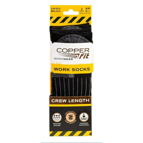 Copper Fit® Work Gear Work Socks, Crew Length with Advanced Cushioning, Black, 2-Pack, Small/Medium