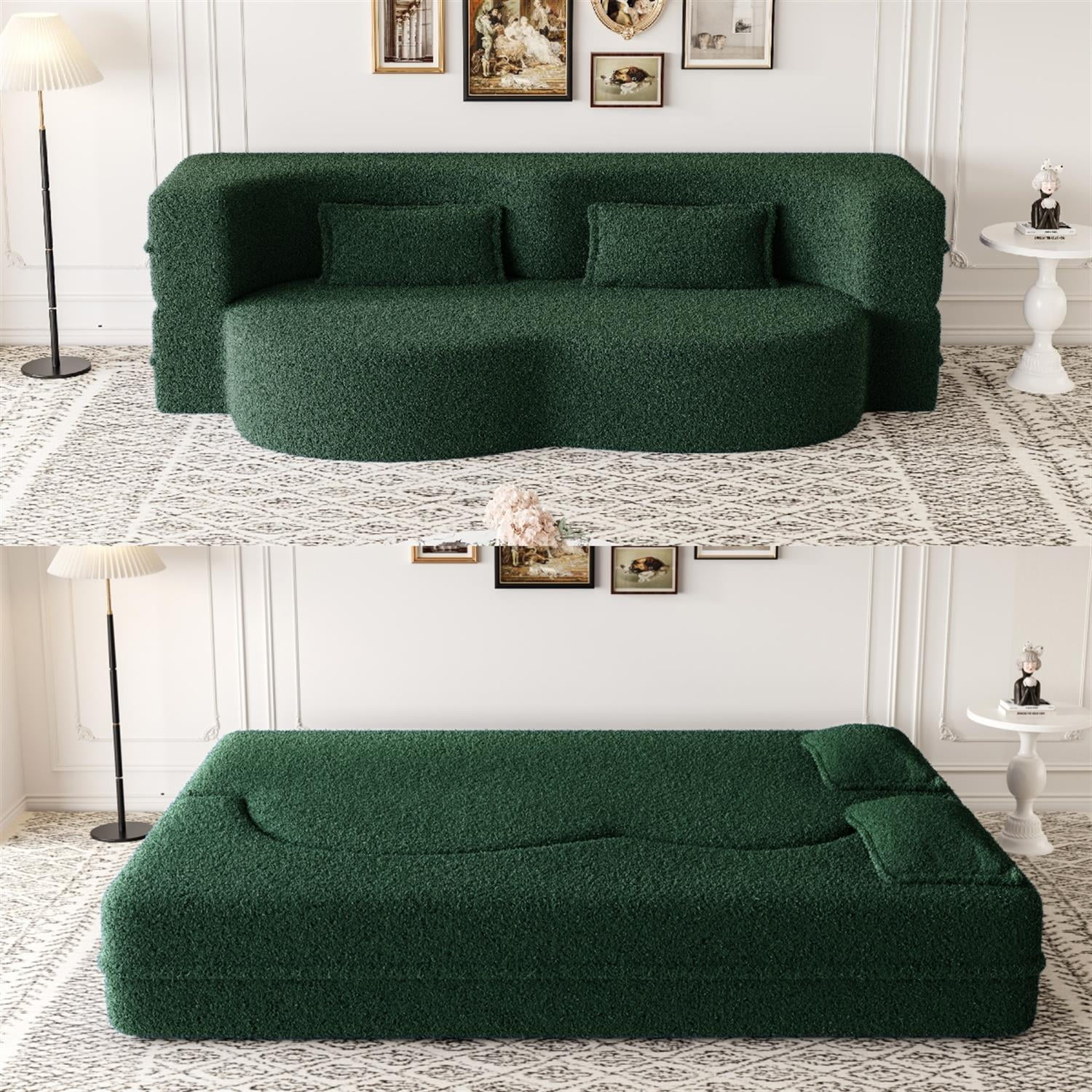 Demi Bonn 78" Modern Floor Sofa Bed with 2 Pillows, Convertible Teddy Fabric Full Size 15" Foam Mattress, No Assembly, Stylish Sleeper Couch for Living Room, Green