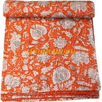 Indian Vintage Floral Kantha Quilt, Orange and White Cotton Bedspread with White Stitched Pattern, Kantha Gudri (Twin Size - 60" x 90")