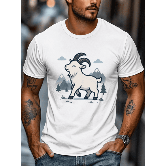 Men's Mountain Goat Graphic T-Shirt, Cute Alpine Goat Illustration Print, Crew Neck Short Sleeve Casual Tee for Outdoor Hiking Nature Lovers