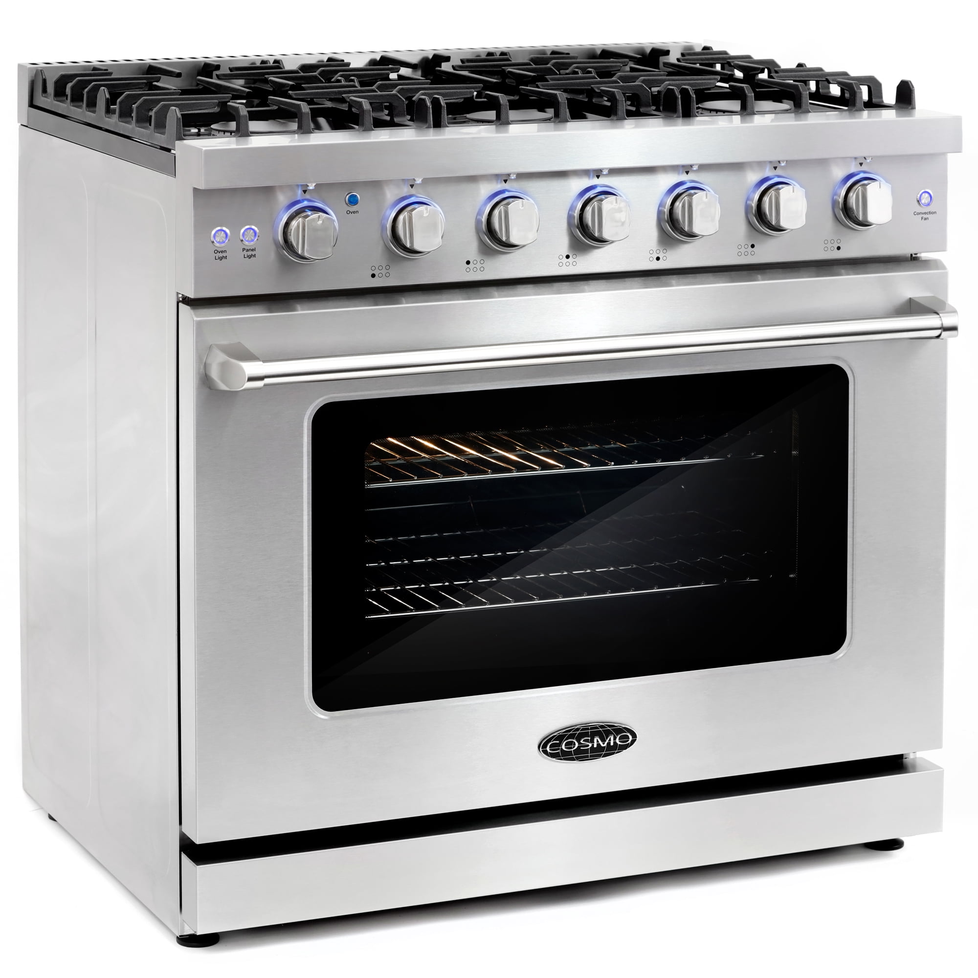 Cosmo 36 in. 6.0 cu. ft. Gas Range, 6 Burners, Convection Oven, Knob LEDs, Stainless Steel, Matte Black Handle Knob Kit