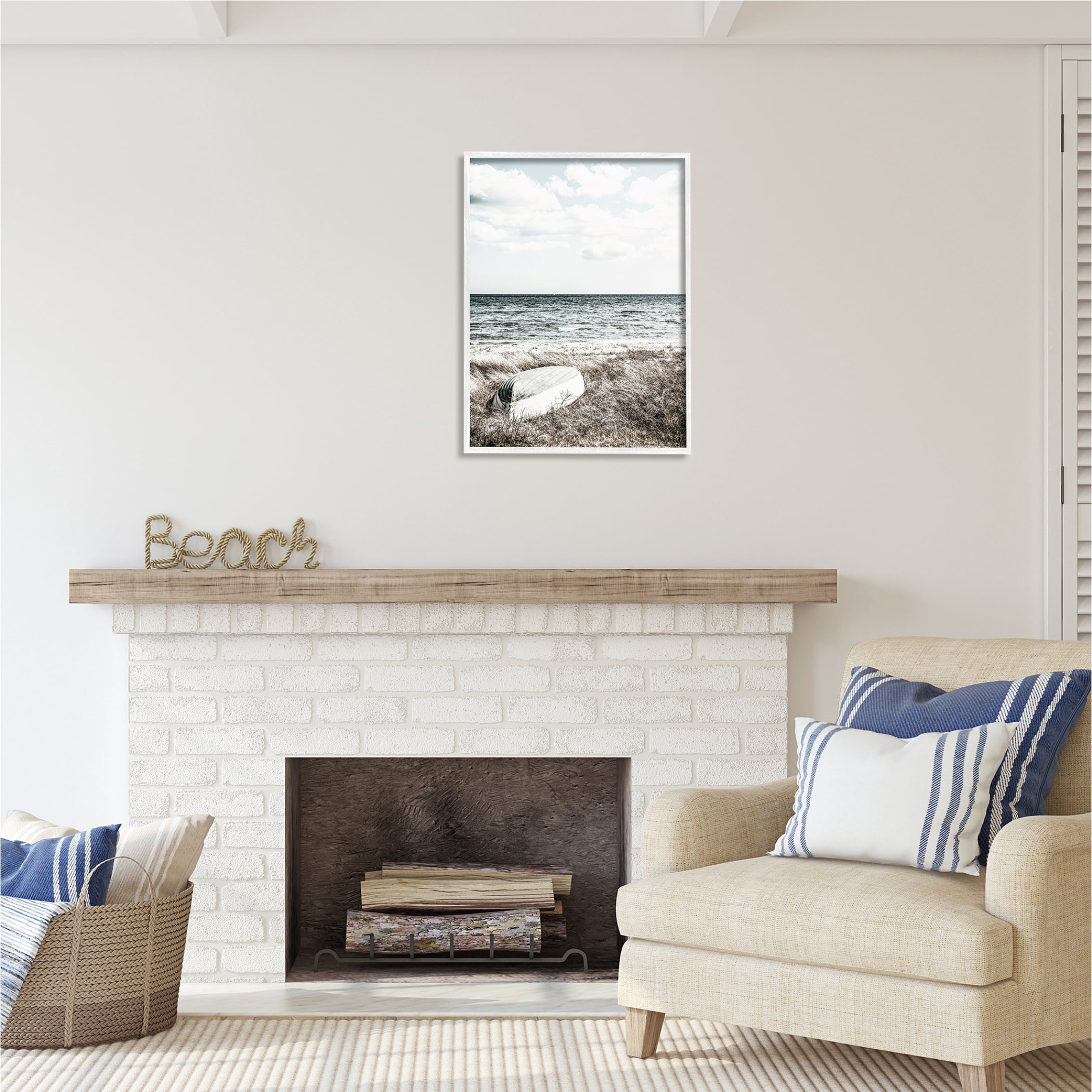 Stupell Industries Boat on Beach Coast Nature Photography White Framed Art Print Wall Art, 24 x 30