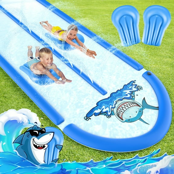 Growsly Slip and Slide Lawn Water Slide, 30FT Slip n Slide Heavy Duty Double Lane for Kids Backyard Games with Sprinkler and 2 Bodyboards, Blue