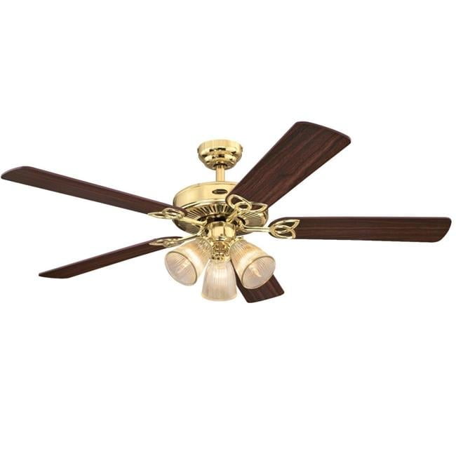 Westinghouse 52 in. Ceiling Fan with Dimmable LED Light Fixture Polished Brass Finish Reversible Blades Walnut & Oak Clear Ribbed Glass