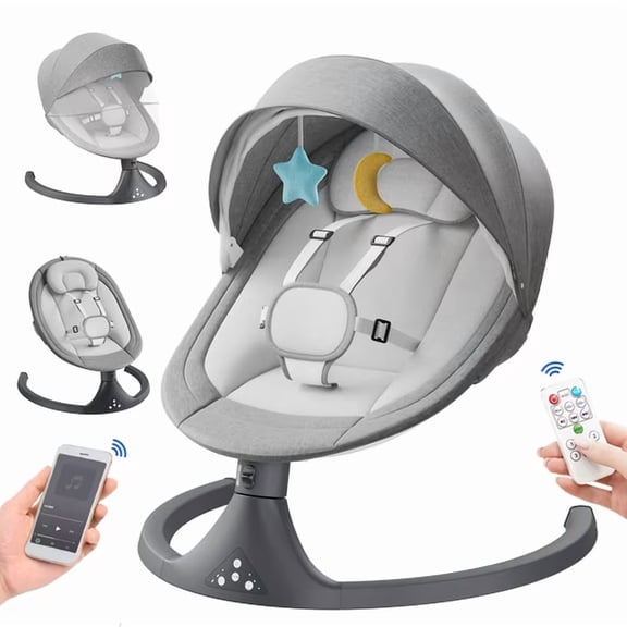 Tumajup 5 in 1 Large Baby Swing Bouncer with Rocking, Mosquito Net&Cute Toys Gray Striped for Toddler, 1 Count