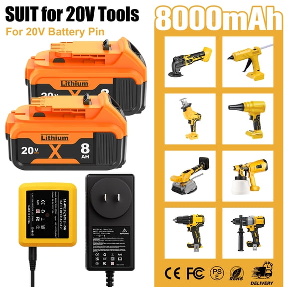 Dinosoo 2 Pack 8.0Ah Replacement Battery and Charger for Dewalt 20V Max Batteries DCB200 DCB205-2 DCB206 DCB204 DCB203 DCB208 Compatible with Dewalt 20V Cordless Power Tools