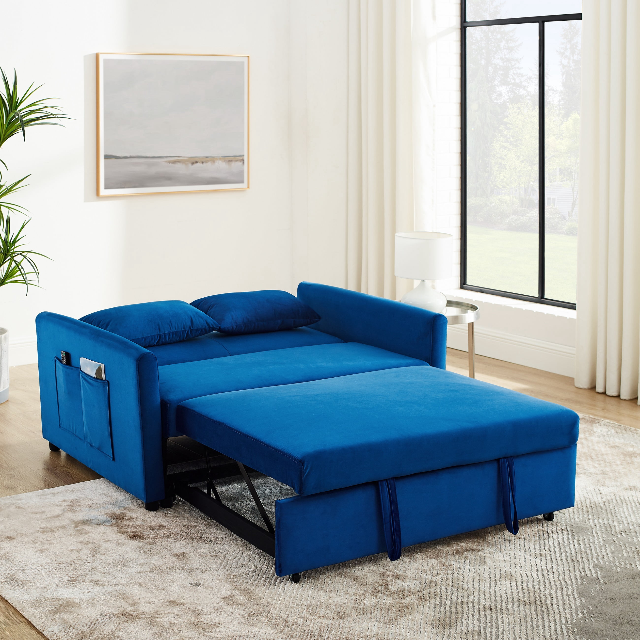 Momspeace&nbsp;Pull Out Sofa Bed Sleeper Sofa Couch Sofa Bed with Adjustable Backrest Velvet Loveseat For Living Room - Blue