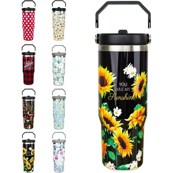 30oz Sunflower Tumbler with Handle and Straw, Stainless Steel Vacuum Insulated Flip Straw 30 oz Coffee Tumbler, Spill Proof Travel Mug, Sunflower Decor Gifts for Women