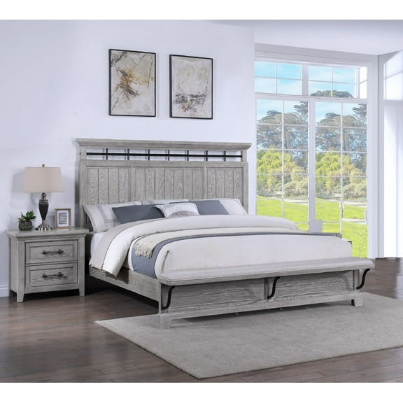 Unique 3pc Light Gray Finish Queen Size Panel Built-in Bench Bed Nightstand Bedroom Set Solid Wood