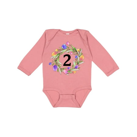 

Inktastic 2nd Birthday Tulip Flower Wreath Gift Baby Boy or Baby Girl Long Sleeve Bodysuit