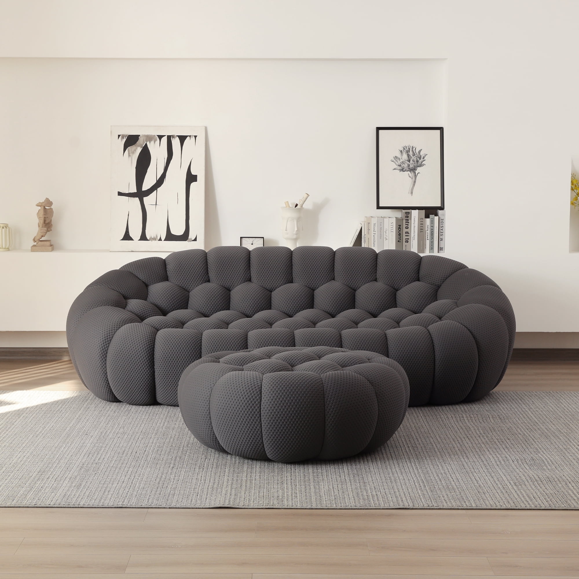 Sodrens 98.43" Bubble Couch,Modern Upholstered Mesh Fabric Lazy Floor Sofa,3D Honeycomb Shape Bubble Sofa Curved Couch for Living Room,Office,Apartment,No-Assembly(Dark Grey,3-Seater)