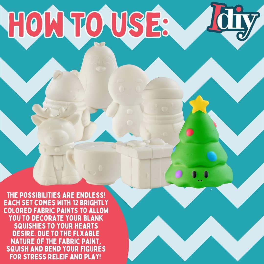 DIY Party Craft Jumbo Squishies - 8 Unique Holiday Designs w 12 Fabric Paints Feat a Reindeer, Pine Tree, Snowman- White Kawaii Scented Slow Rise Squishy Toys, Kids Activity Gift (4"-6")