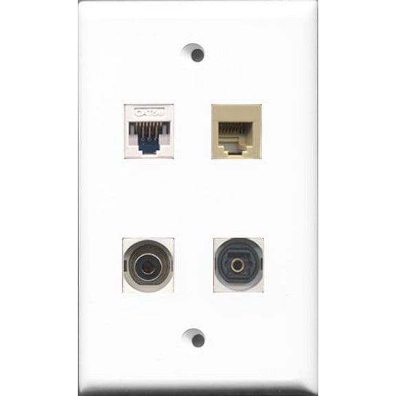 RiteAV 1 Port Phone RJ11 RJ12 Beige and 1 Port Toslink and 1 Port 3.5mm and 1 Port Cat5e Ethernet White Wall Plate
