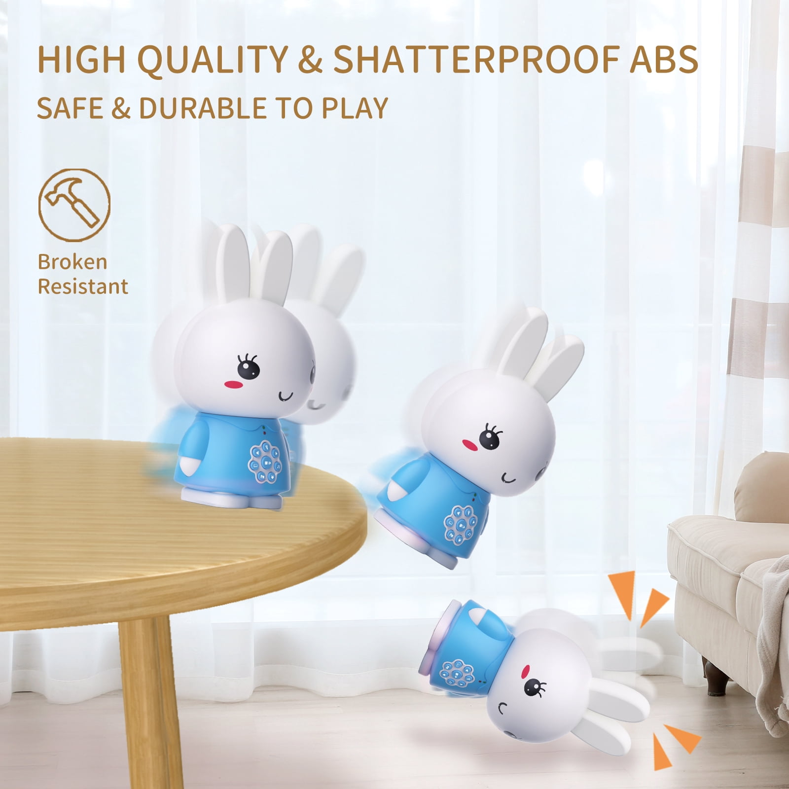 alilo Bunny Baby Audio Player - Toy w/ Chewable Teether Ears, Colorful Lights - Educational Sounds, Stories, Music, White Noise for 10+ Months Kids - Baby Gift for Learning - Blue