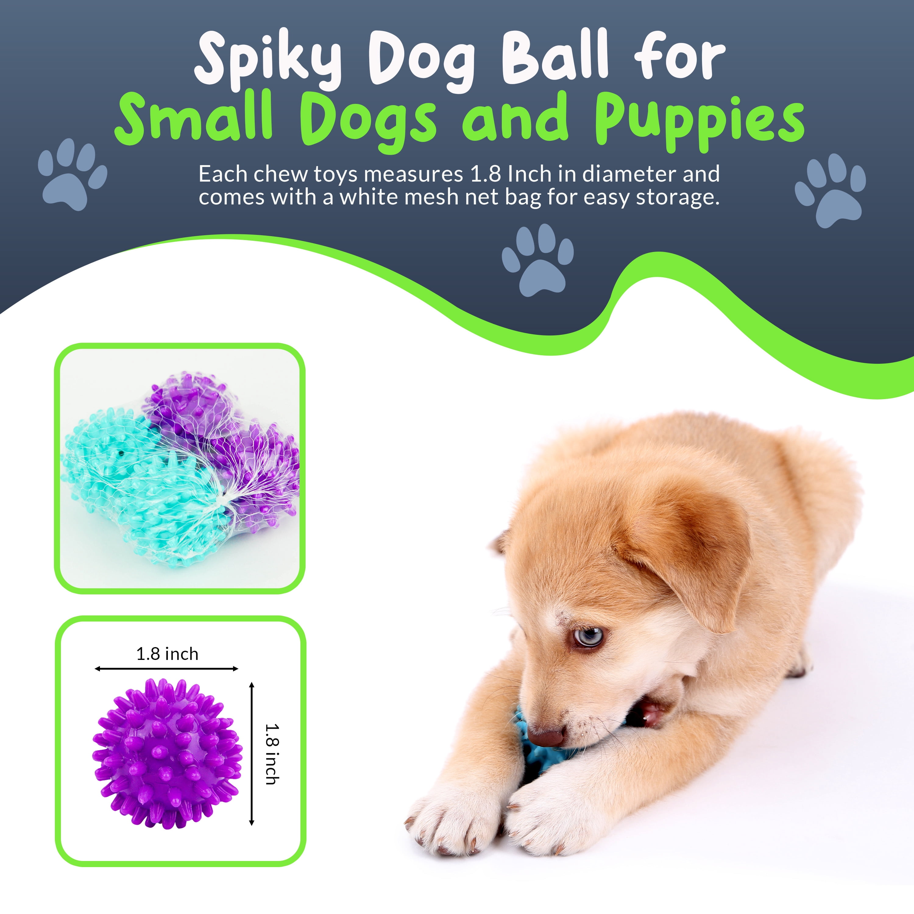 Petite Paws Spiky Squeaky Dog Balls for Small Dogs — 1.8 inch, 8-Pack — Interactive Fetch Toy with Teeth-Cleaning Nubs