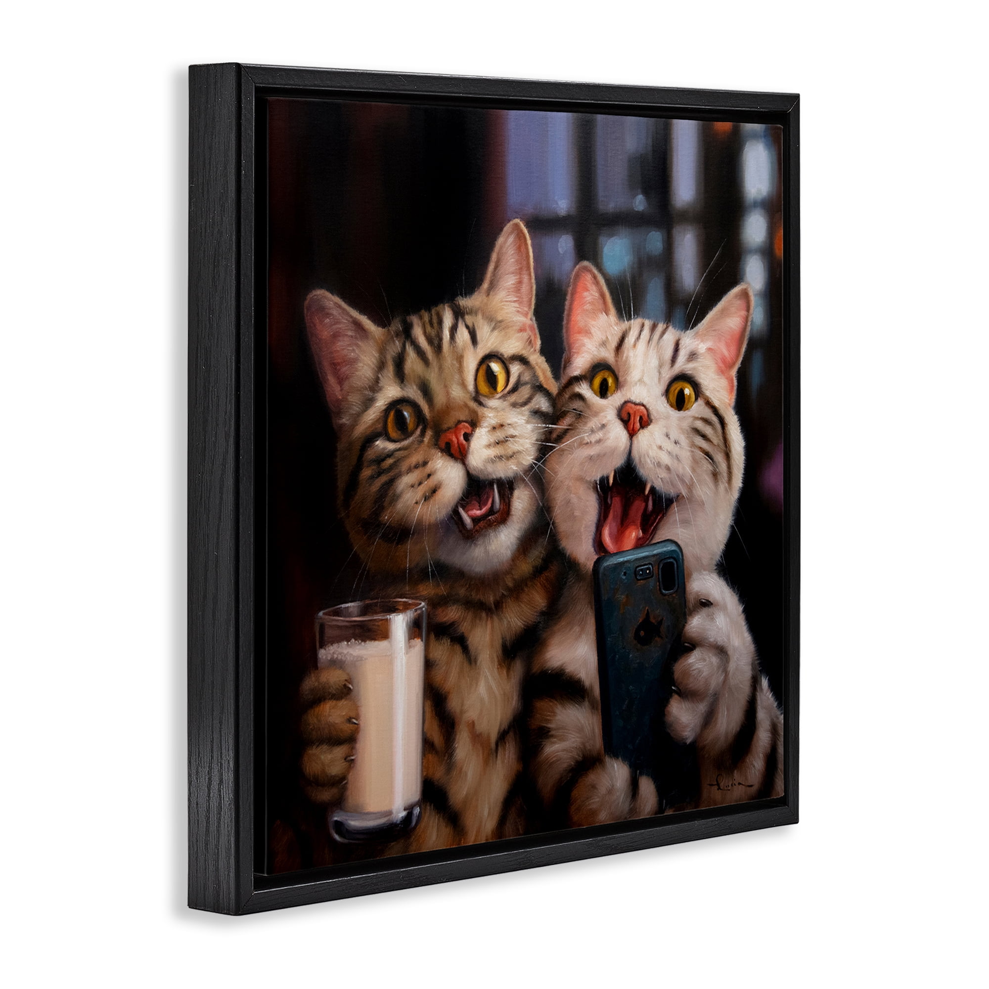 Stupell Industries Happy Selfie Cats Animals Painting Black Floater Framed Canvas Art Print Wall Art, 18 x 18