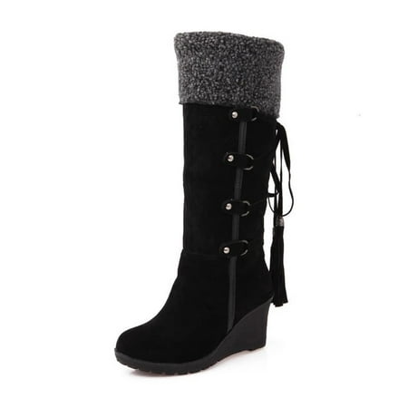 gakvov Mid-Calf Boots For Women Slope Heel Women Boots Lace Up Shoes Casual Flat Wedge Heel Boots Plus Size Zipper Snow Boots
