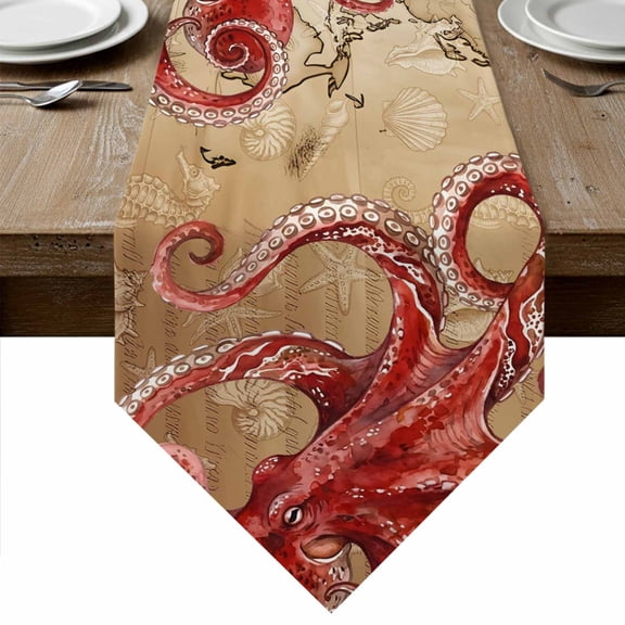 Ocean Red Octopus Table Runner Linen Burlap Table Runner 36 Inches Small Coastal Anchor Sea Boat Retro World Map Dresser Scarves for Kitchen Island Coffee Dining Room Party Holiday Decor 13"x36"