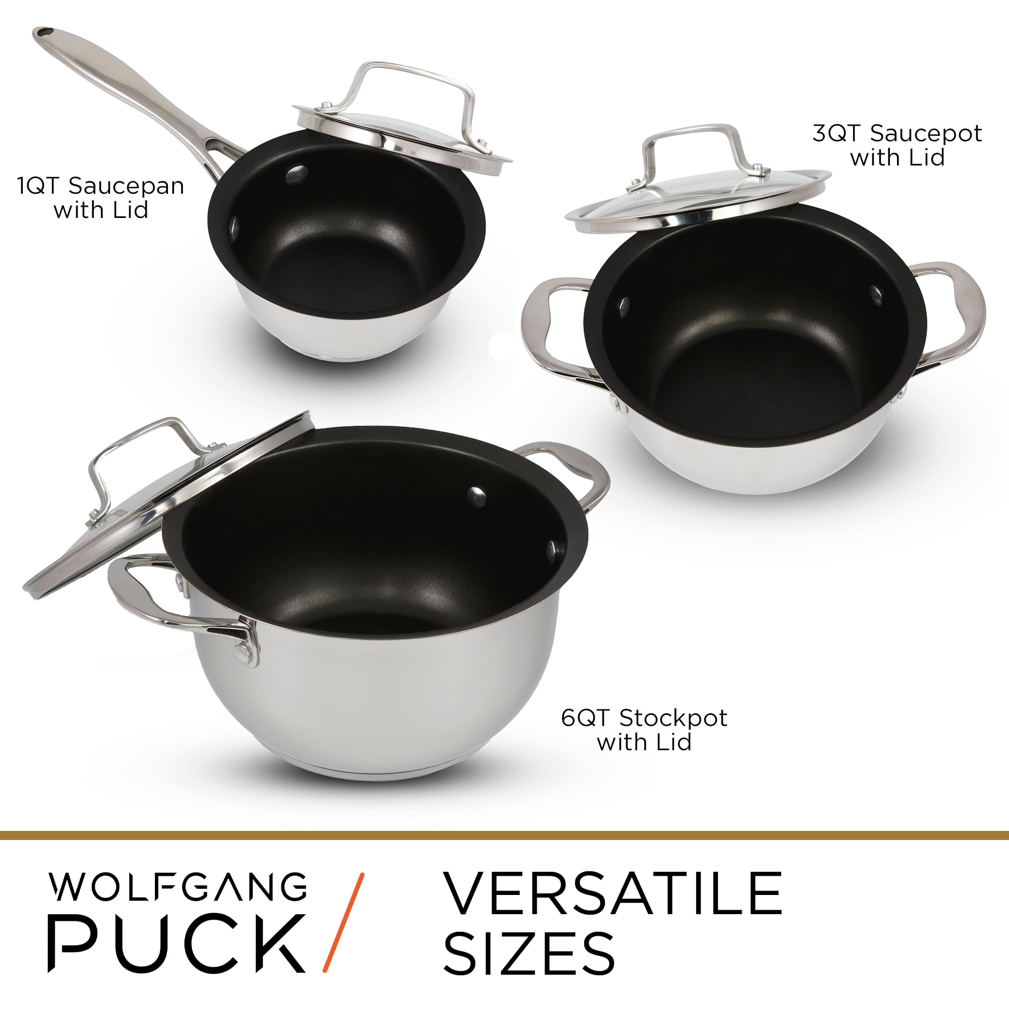 Wolfgang Puck 6-Piece Stainless Steel Pots and Pan Set; Scratch-Resistant Non-Stick Cookware, Clear Tempered-Glass Lids,